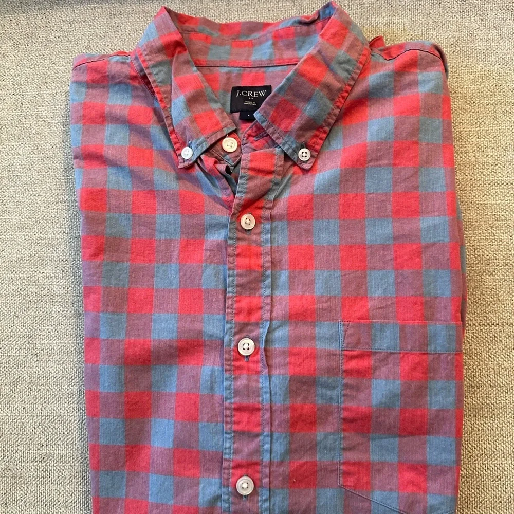 J.Crew Men’s Large Red Blue Gingham Button Front Shirt 100% Cotton